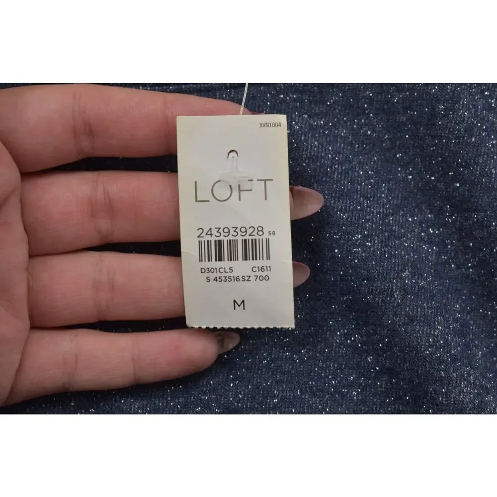 LOFT Women's Size M Blue Shimmer Sparkle Long Puff Sleeve Crew Neck Sweater NEW
